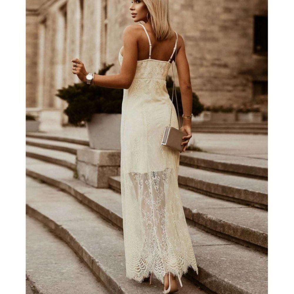 Beige Elegant Button detailed Lace Overlay Cami maxi Dress - Picture 2 of 6